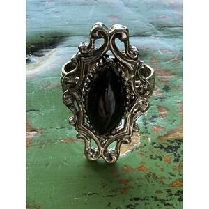 Vogue Silver Plate Ring with a Marquise-Shaped Black Onyx Gemstone Size 9